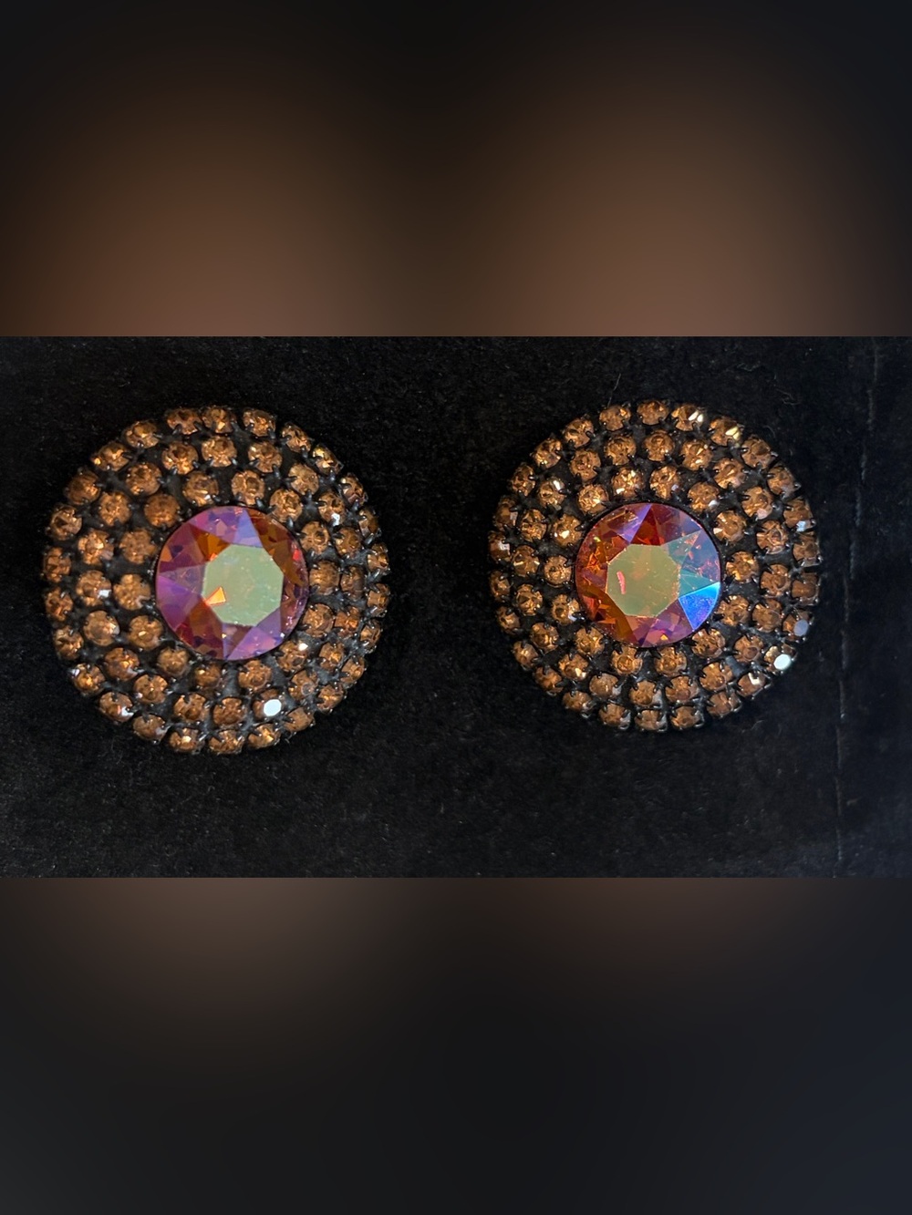 Albert Weiss Aurora Borealis Crystal and Amber Rhinestone Earrings - Picture 9 of 9